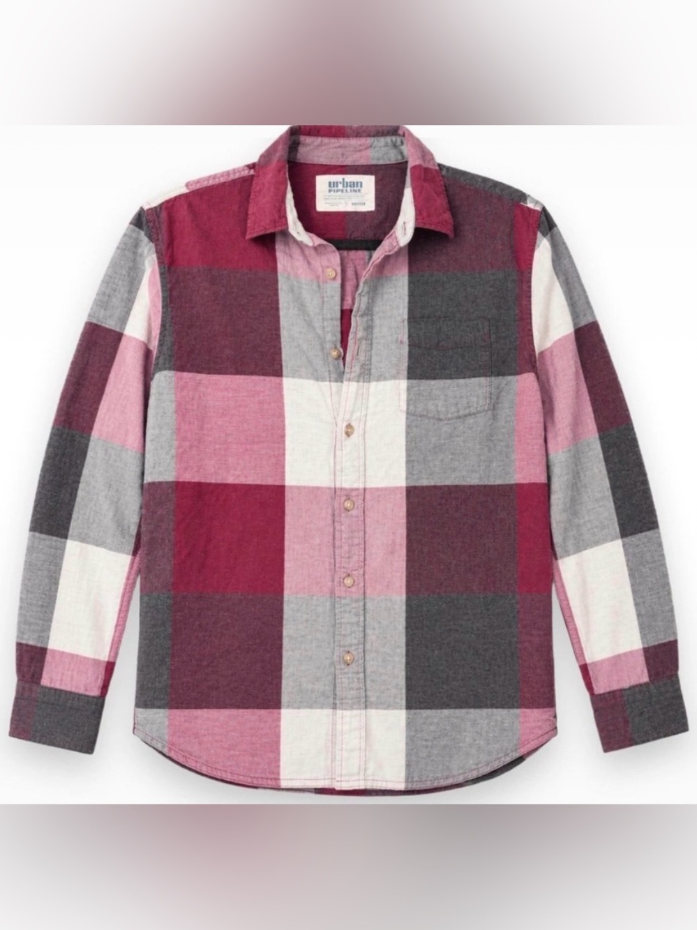 Urban Pipeline Men’s Medium Burgundy Gray Plaid Button Down Flannel